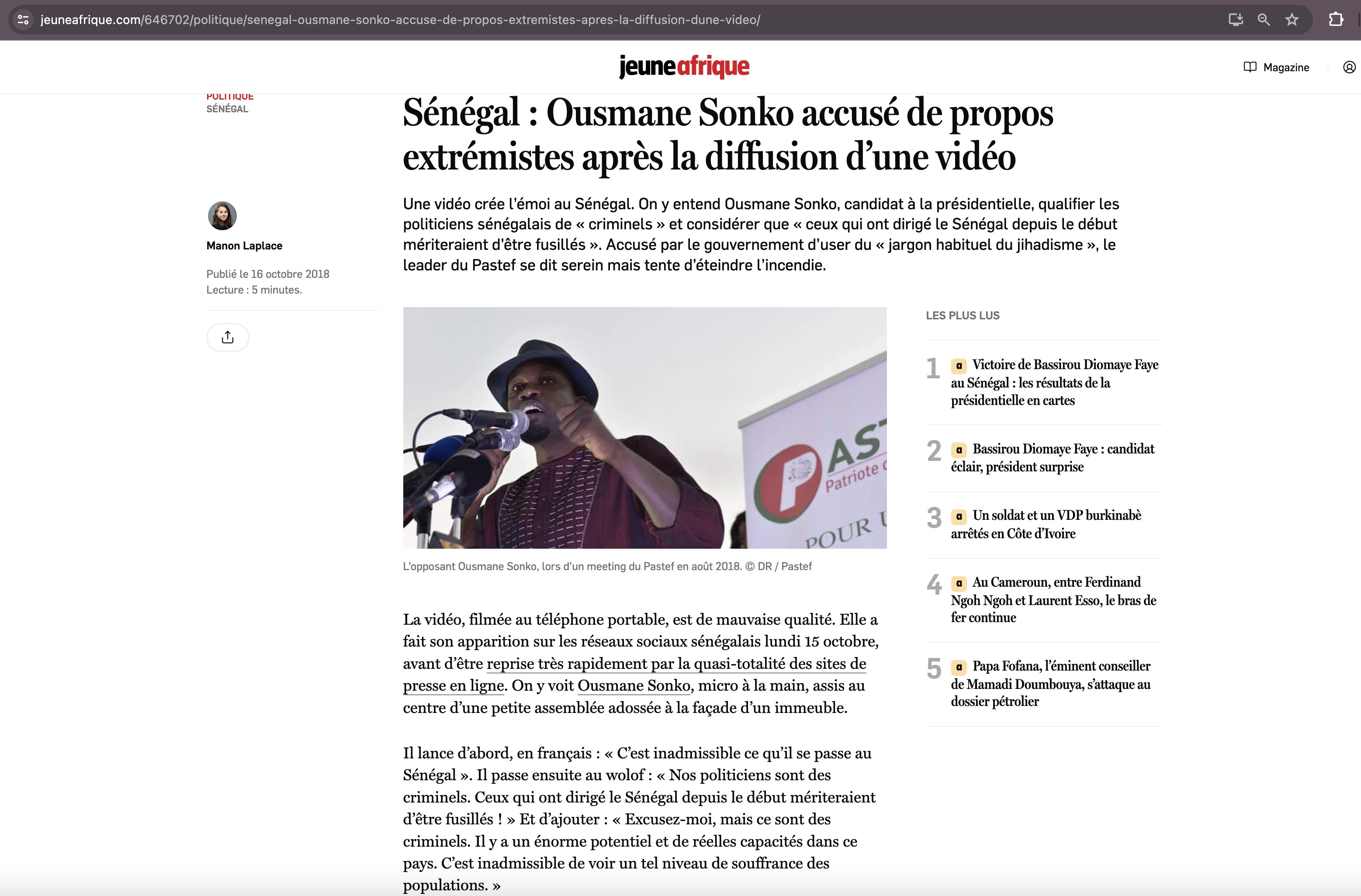 Ousmane Sonko Parle de Fusiller Les Precedents presidents du Senegal - Jeune Afrique - Capture D Ecran Faite Sam 30 Mars 2024